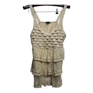 Boho Cottagecore Crochet Lace Tiered Tank Top Beige Embroidered Ruffle Fairycore